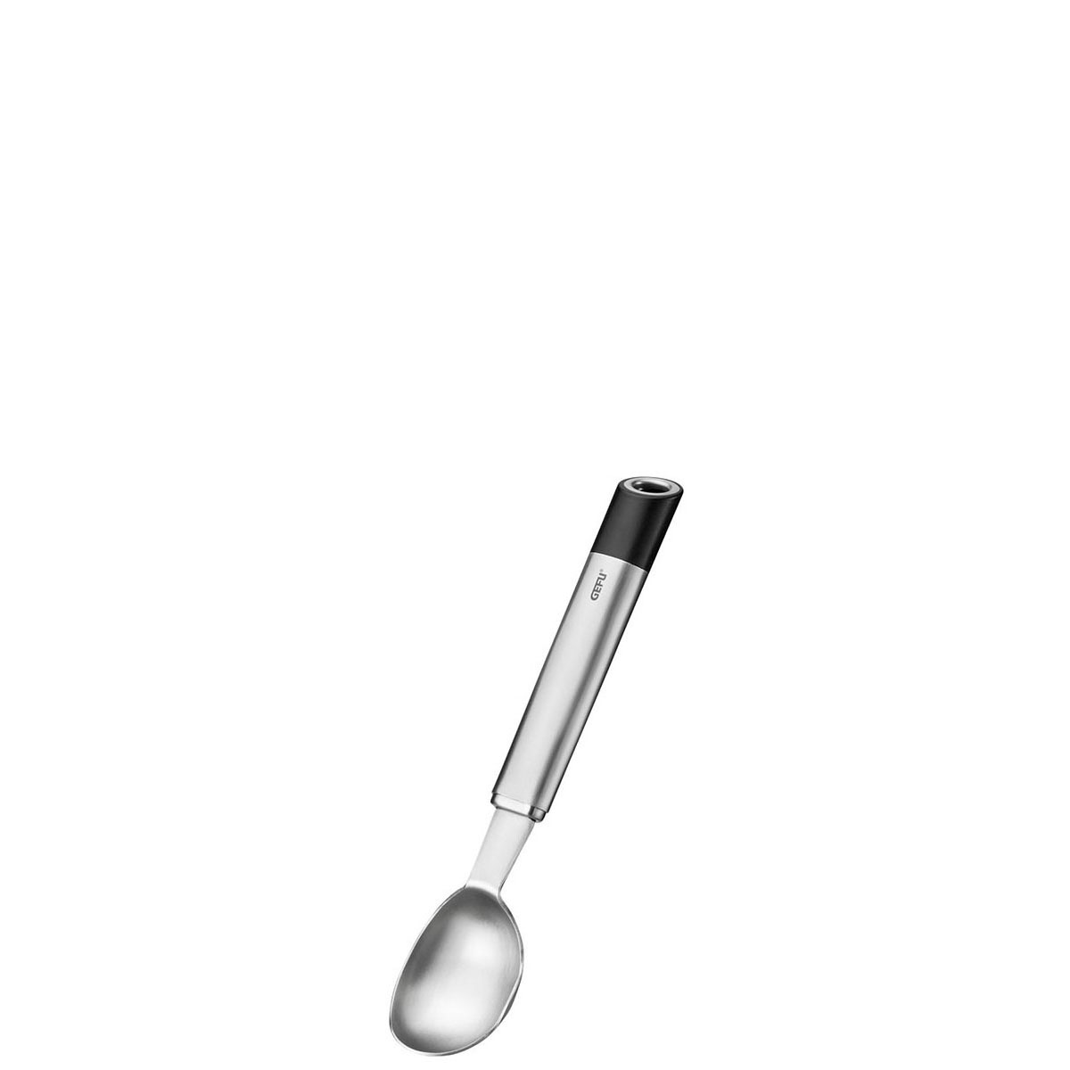 Robuster Edelstahl-Küchenlöffel mit ergonomischem Griff Silberner Küchenlöffel aus Edelstahl mit schwarzem ergonomischem Griff
