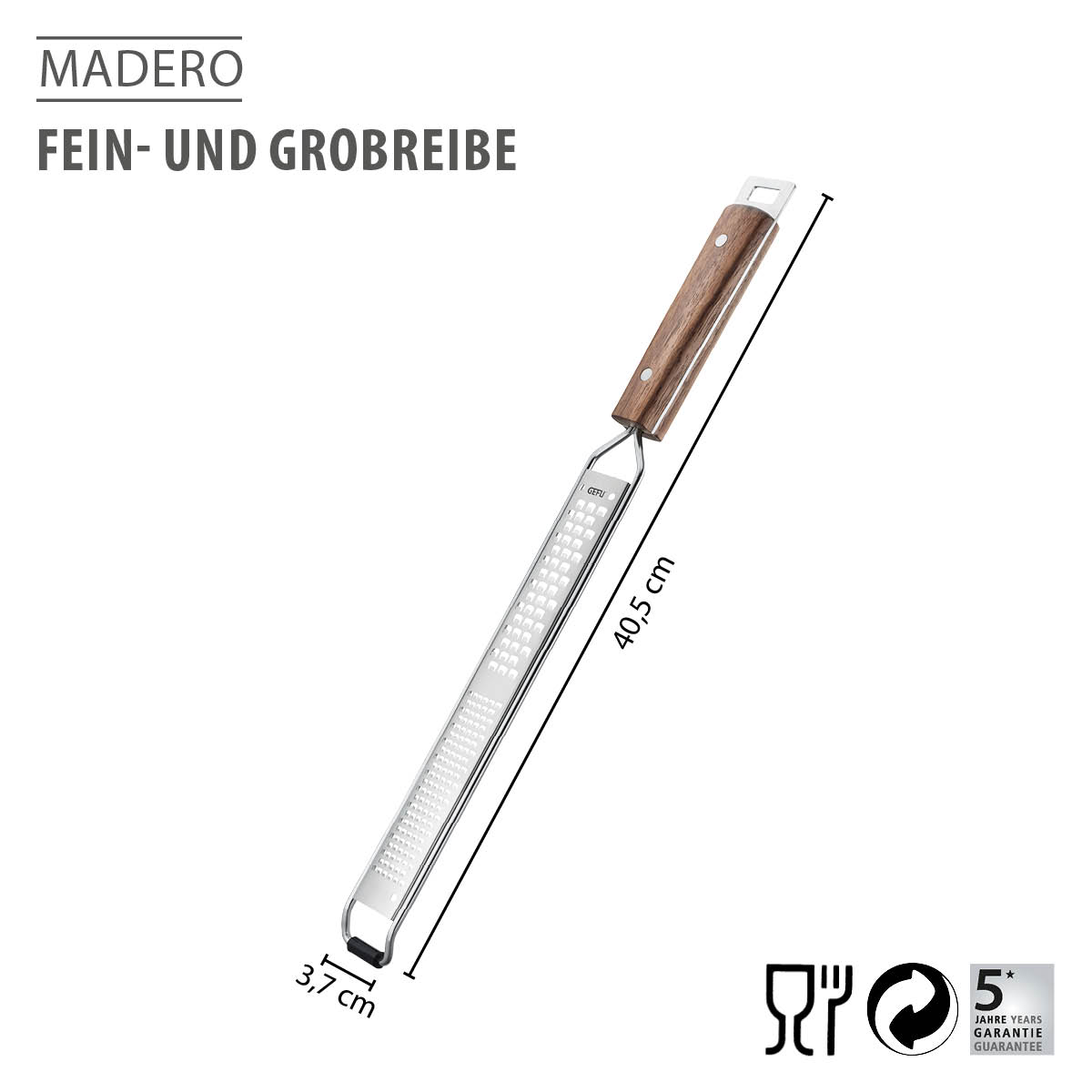 Madero Fein- und Grobreibe aus Edelstahl mit 40,5 cm Länge und Holzelement, ideal für vielseitige Küchenanwendungen.