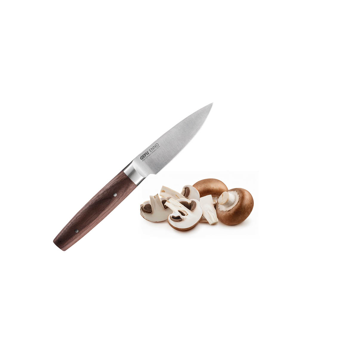 Küchenmesser mit hölzernem Griff neben geschnittenen Champignons Bild eines Küchenmessers mit Holzgriff und geschnittenen Champignons