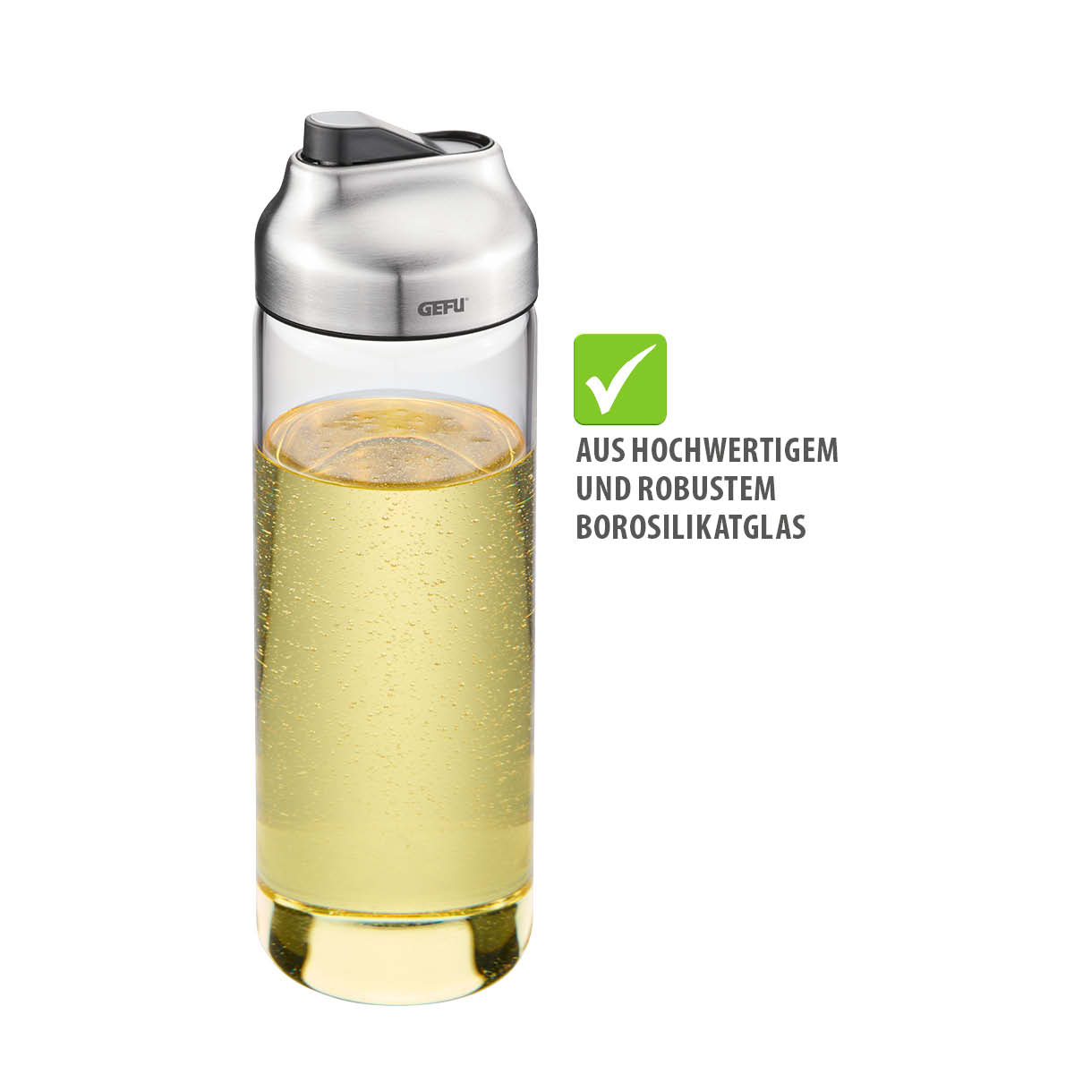 Trinkflasche aus robustem Borosilikatglas mit Edelstahlverschluss, gefüllt mit sprudelndem Getränk