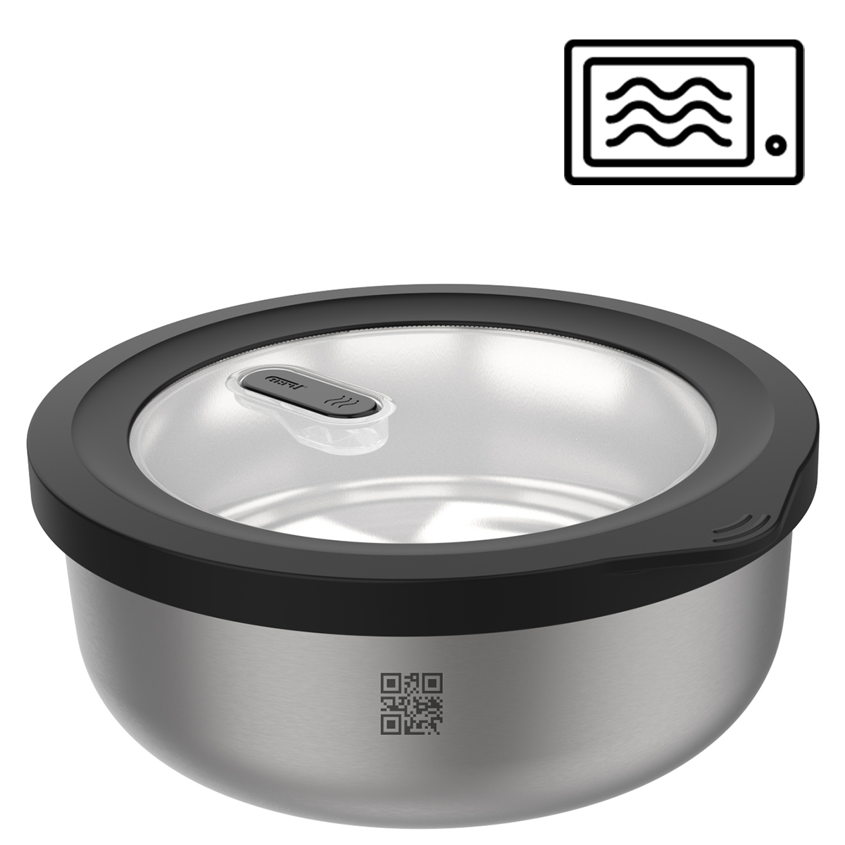 Edelstahl-Schüssel mit Deckel und QR-Code, mikrowellengeeignet Runde Edelstahlschüssel mit schwarzem Deckel und QR-Code, symbolisch für Mikrowellenverwendung