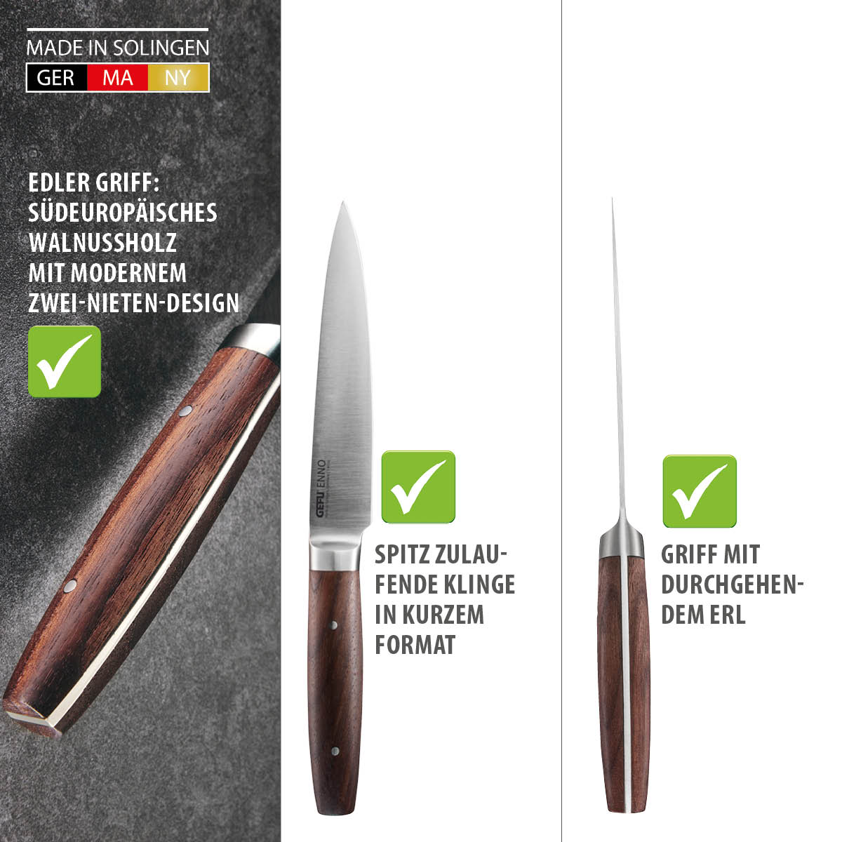 Edles Messer mit Walnussholzgriff und spitz zulaufender Klinge Messer mit südeuropäischem Walnussholzgriff, Zwei-Nieten-Design und spitz zulaufender Klinge