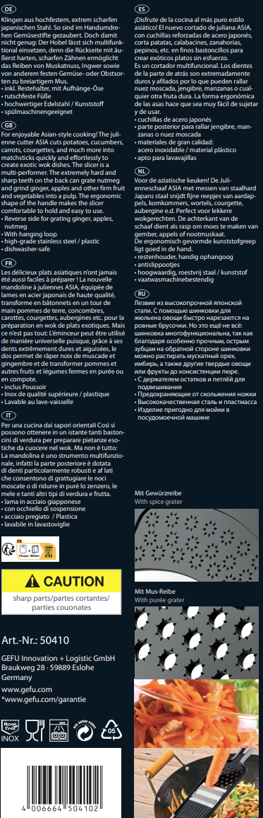 Julienneschneider mit Gewürzreibe und Mus-Reibe aus hochgradigem Edelstahl und Kunststoff, spülmaschinenfest Verpackung eines Julienneschneiders aus Edelstahl, mit Gewürzreibe und Mus-Reibe, inklusive Gebrauchsanweisung in mehreren Sprachen