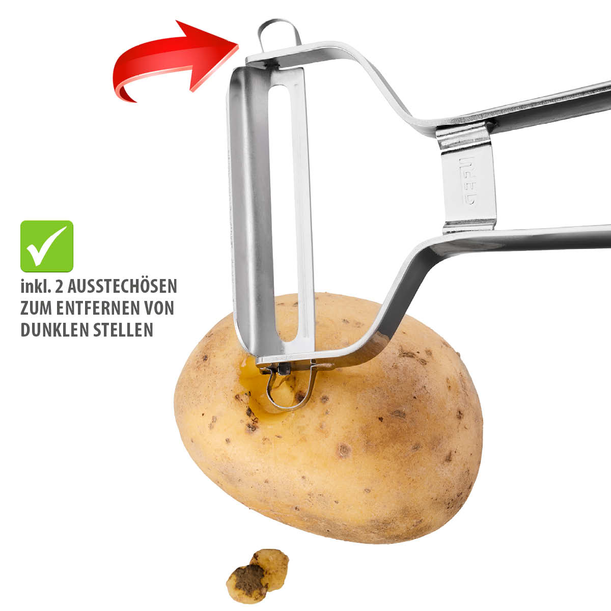 Kartoffelschäler mit integriertem Auswurfhaken und 2 Ausstechösen für dunkle Stellen, der eine Kartoffel schält