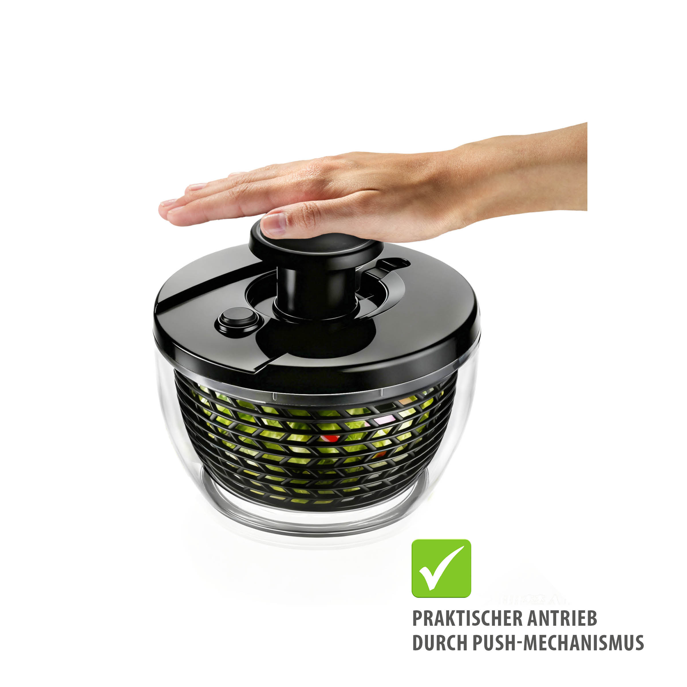 Hand bedient die GEFU Salat- und Kräuterschleuder PUSH IT, 3 L, mit praktischem Push-Mechanismus zum schonenden Trocknen von Salat und Kräutern