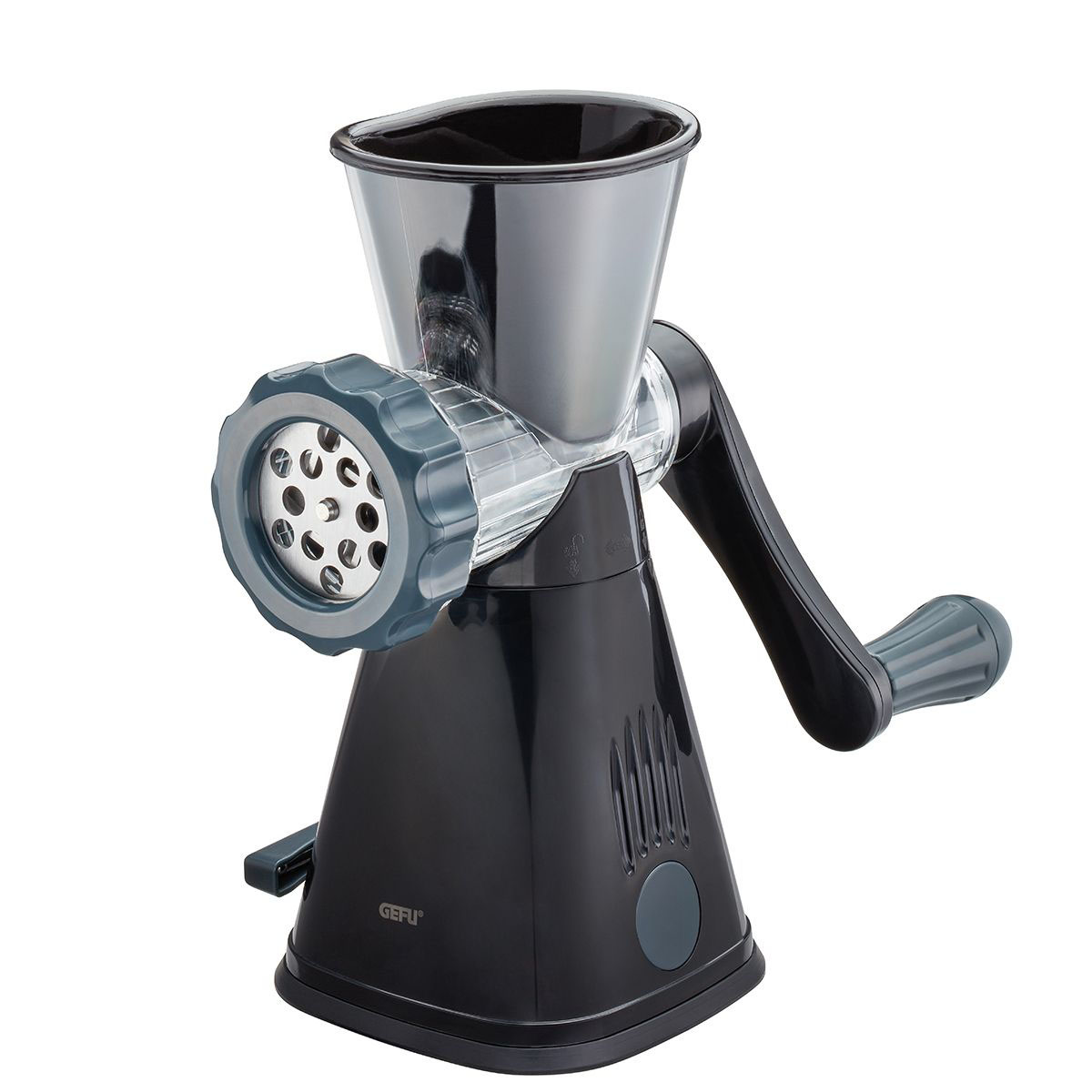 Effiziente manuelle Trommelreibe für Küche Manuelle Trommelreibe aus Kunststoff und Metall in Schwarz, ergonomischer Griff