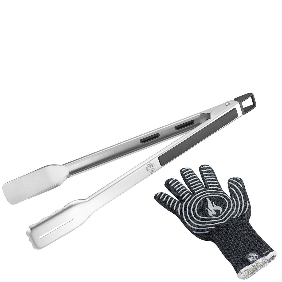 Grillzange mit hitzebeständigem Handschuh für sicheres Grillen Hochwertige Grillzange aus Edelstahl neben einem hitzebeständigen Handschuh, ideal für sicheres Grillen.