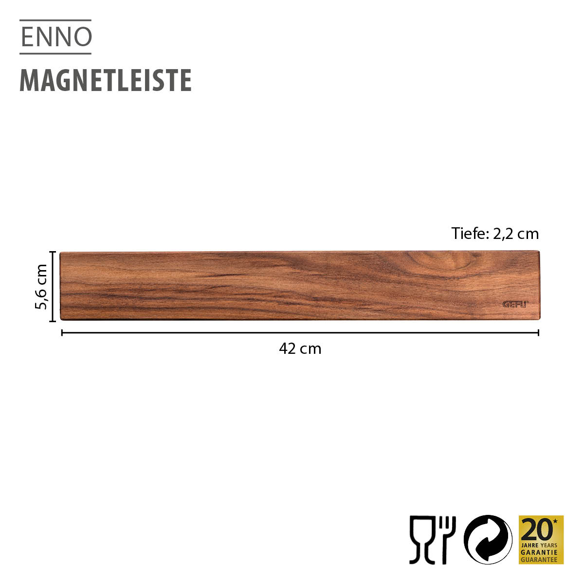 GEFU ENNO Magnetleiste aus Holz mit den Maßen 42 cm x 5,6 cm x 2,2 cm, ideal zur Aufbewahrung von Küchenutensilien.
