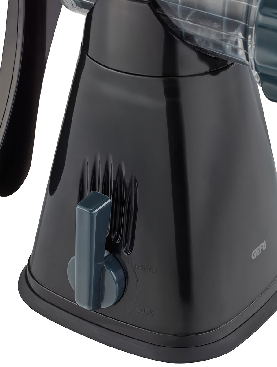 Gefu Handschleuder mit Verriegelungssystem Detailansicht einer Gefu Handschleuder in Schwarz mit seitlichem Verriegelungshebel