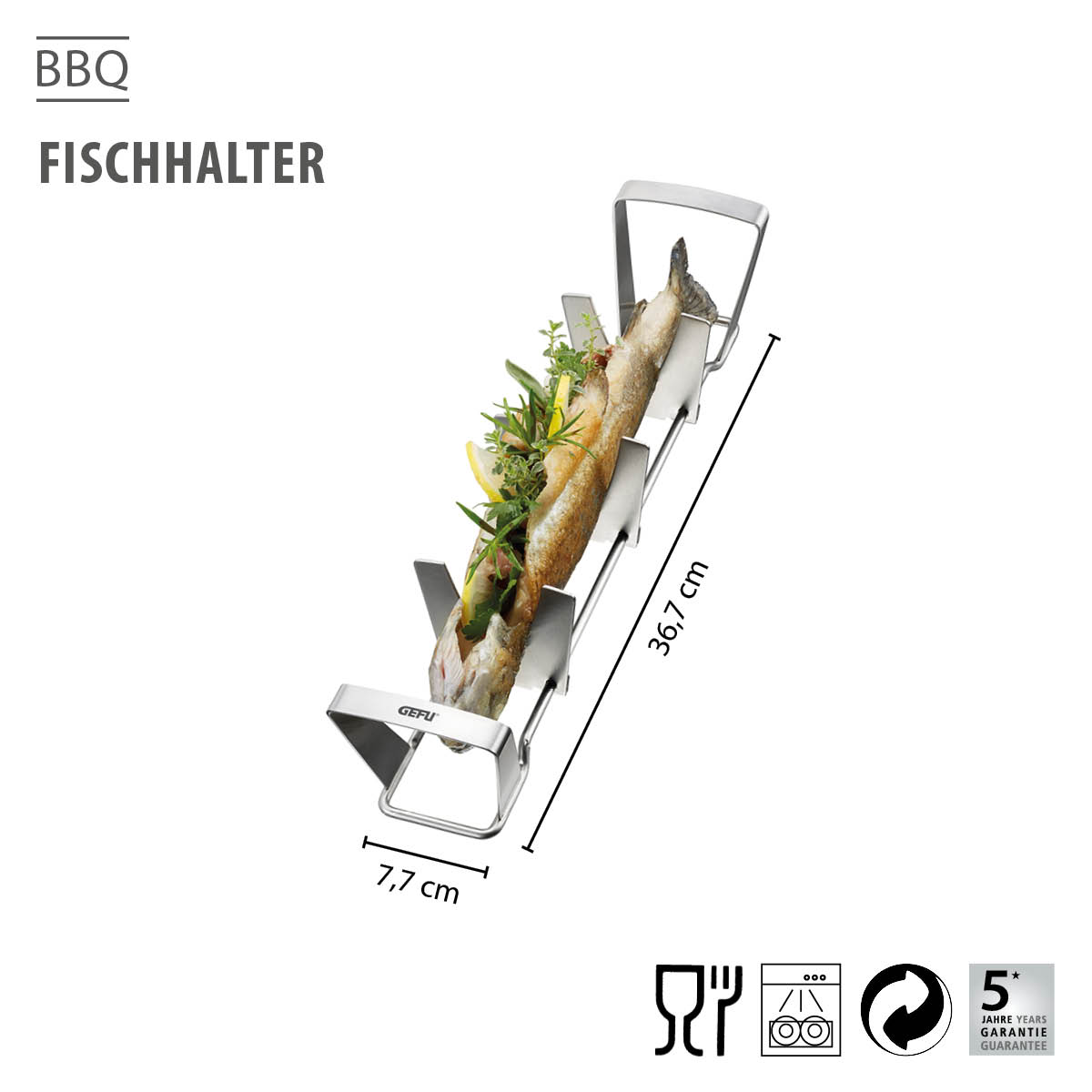 BBQ Fischhalter aus Edelstahl, 36,7 cm lang, ideal zum Grillen von Fisch Fischhalter für den Grill aus Edelstahl, 36,7 cm, mit einem Fisch und Kräutern belegt