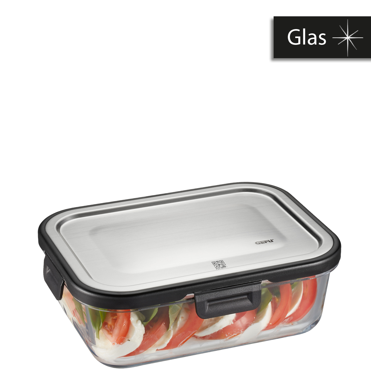 Luftdichter Glasbehälter mit Edelstahldeckel für Lebensmittelaufbewahrung Rechteckiger Glasbehälter mit Edelstahldeckel, gefüllt mit Tomaten und Mozzarella, ideal zur Aufbewahrung von Lebensmitteln