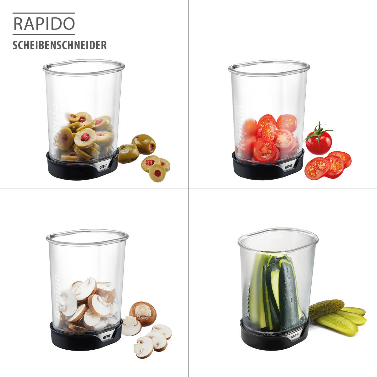 Rapido Scheibenschneider für Gemüse und Obst Rapido Scheibenschneider mit geschnittenen Oliven, Tomaten, Champignons und Gurken