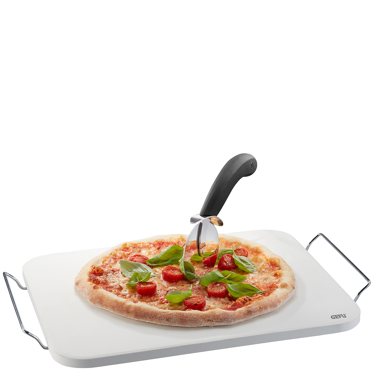 Set: Pizza stone DARIOSO with stand + pizza cutter + pizza peel