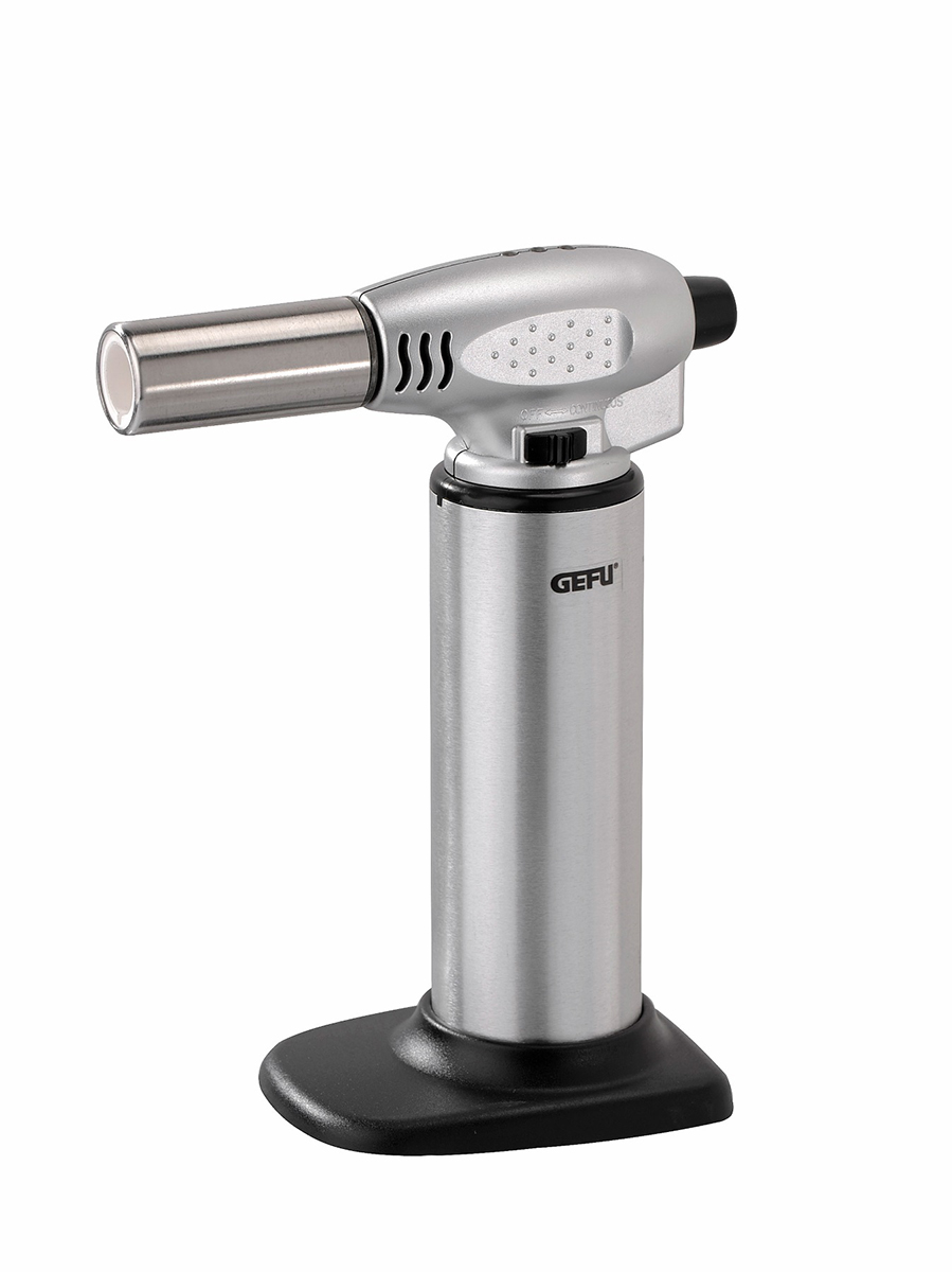 Professioneller Küchenbrenner für kreatives Kochen Ein silberner Küchenbrenner mit schwarzem Standfuß, ideal für Crème Brûlée und andere kulinarische Anwendungen