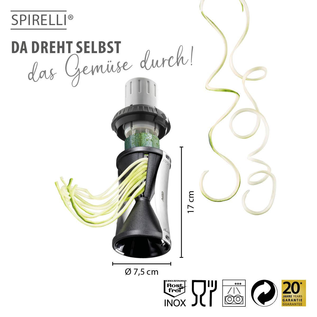 Spirelli Gemüseschneider – Spiralförmige Gemüsestreifen einfach gemacht Spirelli Gemüseschneider zum Erstellen von Gemüsespiralen aus Zucchini, Abbildung mit Maßeinheiten