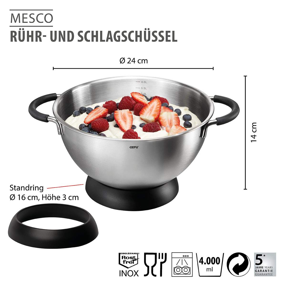 Rühr- und Schlagschüssel aus Edelstahl mit 24 cm Durchmesser, gefüllt mit Sahne und Beeren, inklusive Standring