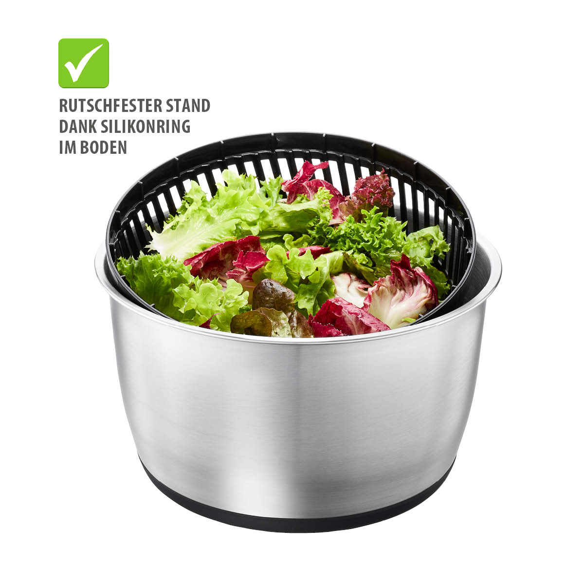 Edelstahl Salatschleuder mit rutschfestem Silikonring Salatschleuder aus Edelstahl gefüllt mit frischem Salat, rutschfester Stand durch Silikonring
