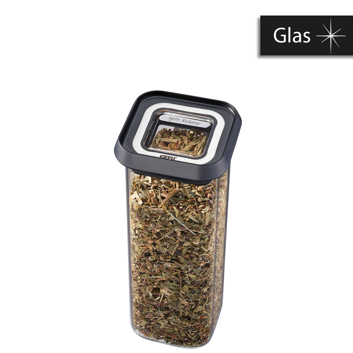 Vorratsglas aus Glas mit getrockneten Kräutern und schwarzem Deckel Vorratsbehälter aus Glas, gefüllt mit getrockneten Kräutern, schwarzer Deckel mit Fenster