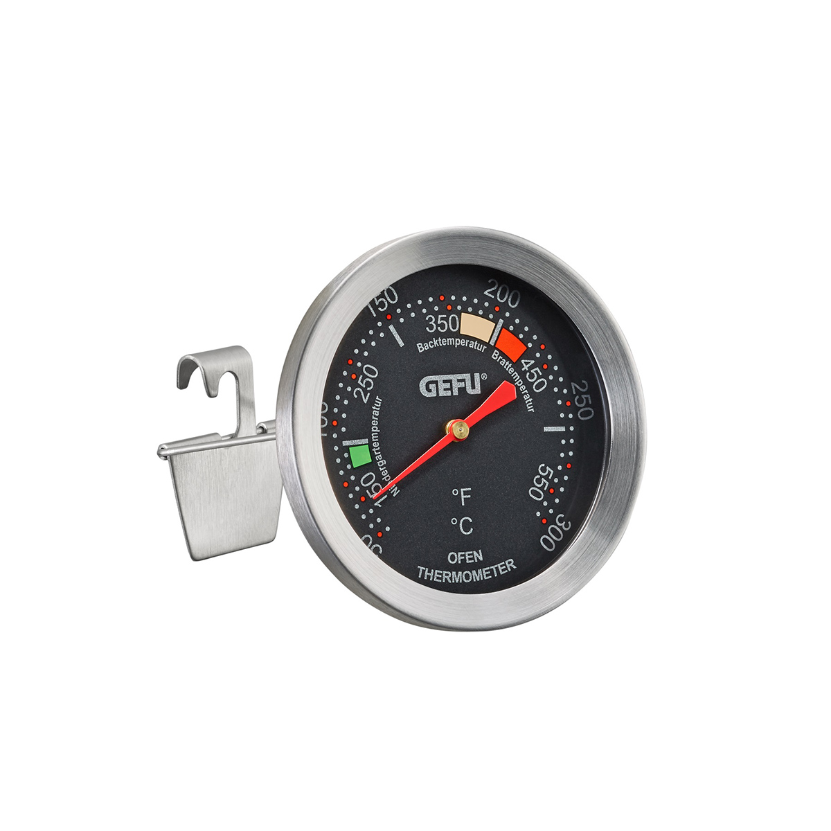 Ofenthermometer aus Edelstahl zur präzisen Temperaturmessung beim Backen Rundes Ofenthermometer aus Edelstahl mit Haken zur Ofenbefestigung. Zeigt Temperaturen in Celsius und Fahrenheit an.