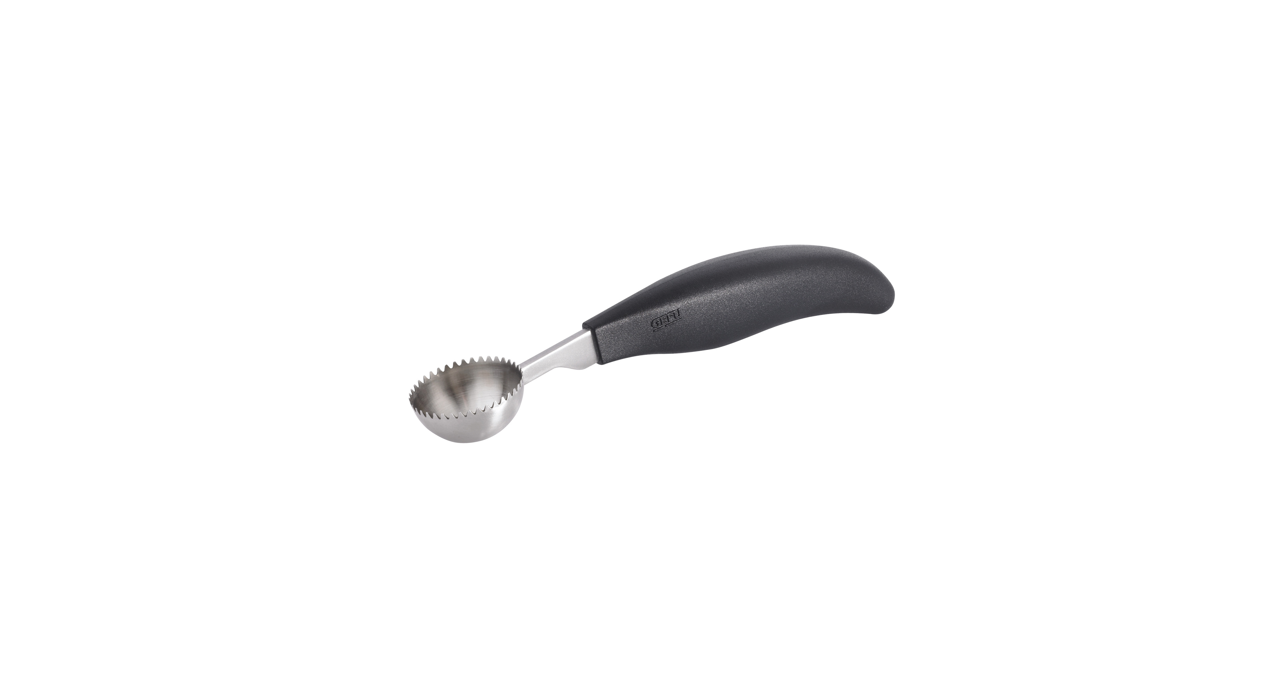 Praktischer Melonenschneider mit ergonomischem Griff Melonenschneider mit gezackter Klinge und schwarzem Griff