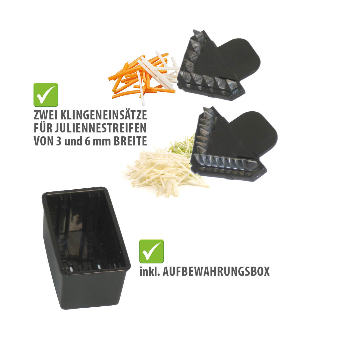 Zwei Klingeneinsätze für Julienne-Streifen und eine Aufbewahrungsbox auf weißem Hintergrund