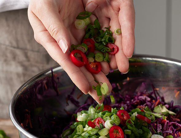 Frischer Salat mit Paprika und Frühlingszwiebeln zubereiten Nahaufnahme von Händen, die geschnittene Paprika und Frühlingszwiebeln in eine Schüssel mit Salat geben