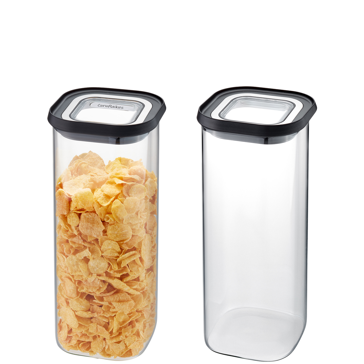 Luftdichte Vorratsbehälter im 2er-Set - Ideal für Getreide Zwei luftdichte Vorratsbehälter, einer mit Cornflakes gefüllt, der andere leer, mit schwarzen Deckeln