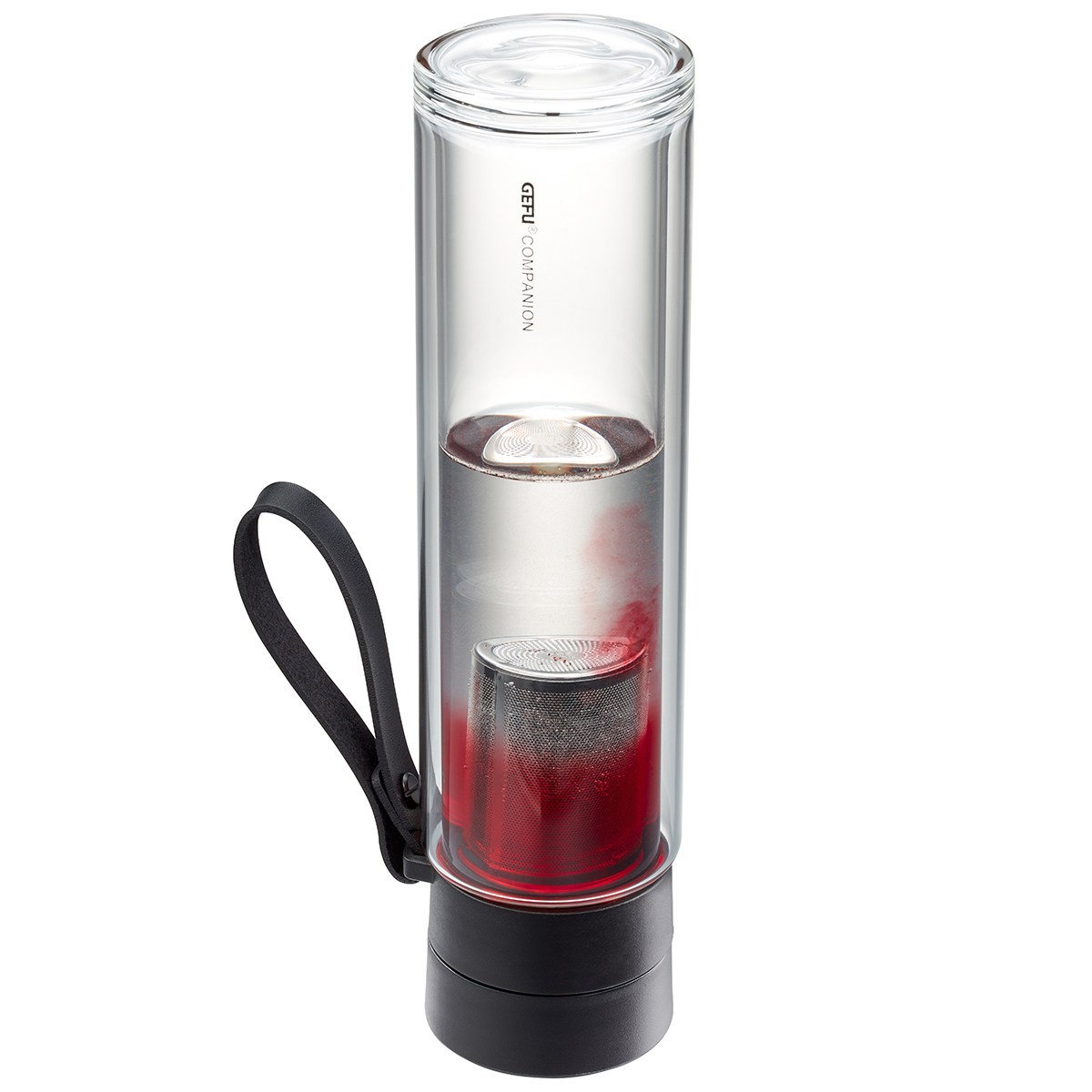 Glasflasche mit Teesieb und schwarzem Griff - Ideal für unterwegs Transparente Glasflasche mit integriertem Teesieb und schwarzem Tragegriff, gefüllt mit rot gefärbtem Wasser