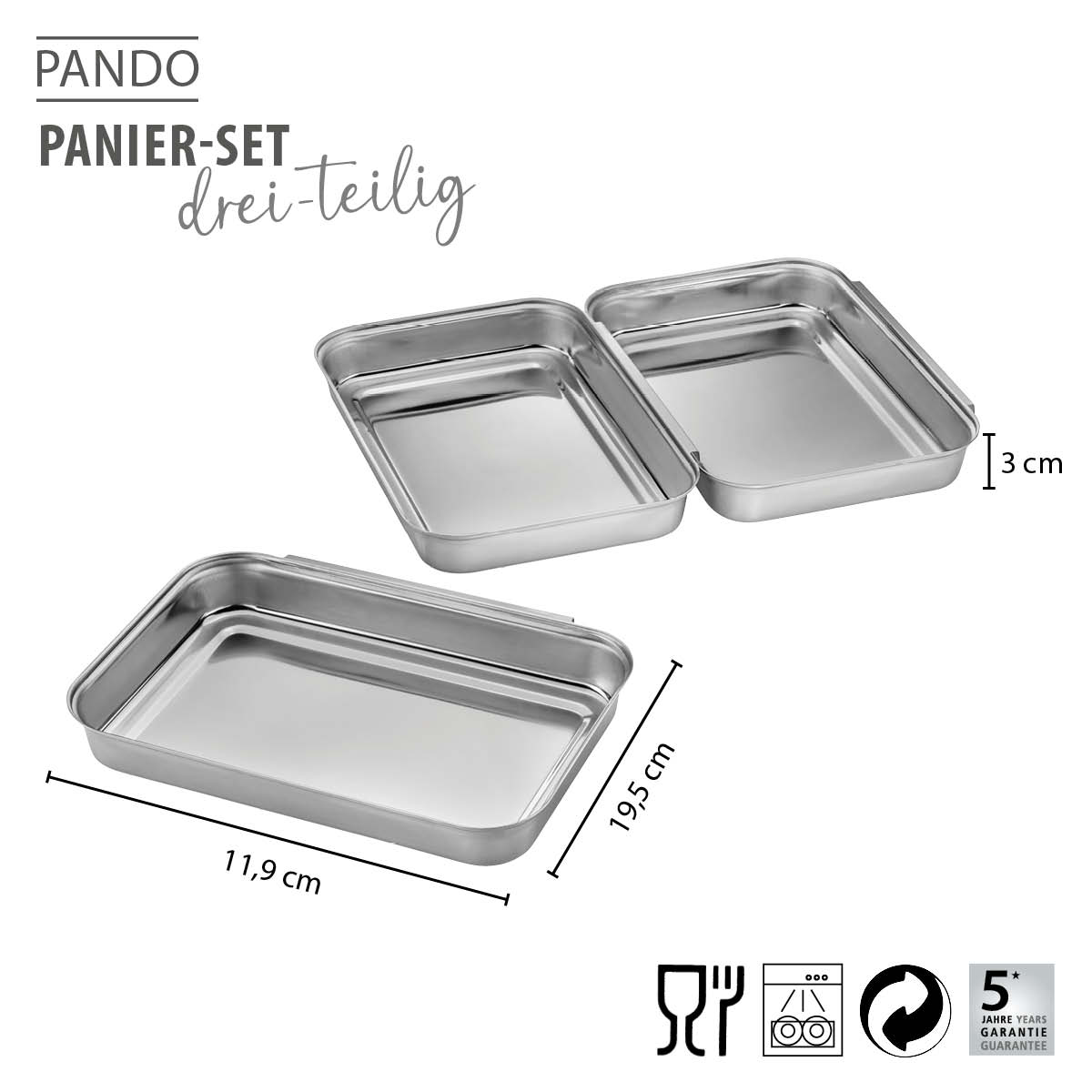 Dreiteiliges PANDO Panier-Set aus Edelstahl, 11,9 x 19,5 cm, 3 cm hoch