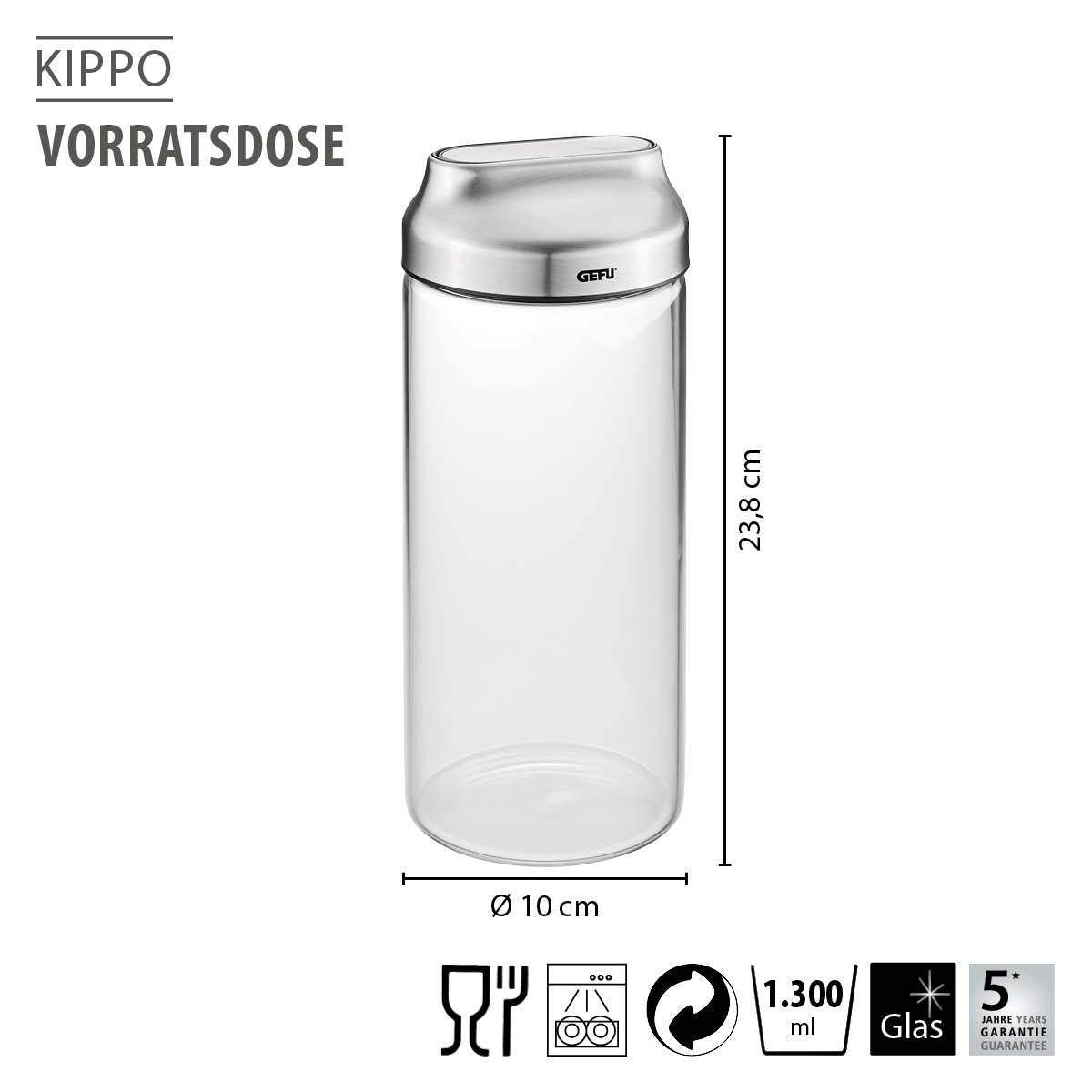 Gefu Kippo Vorratsdose aus Glas 1,3 Liter mit Edelstahl-Deckel Transparente Vorratsdose Kippo von Gefu mit Edelstahl-Deckel, 1,3 Liter Fassungsvermögen