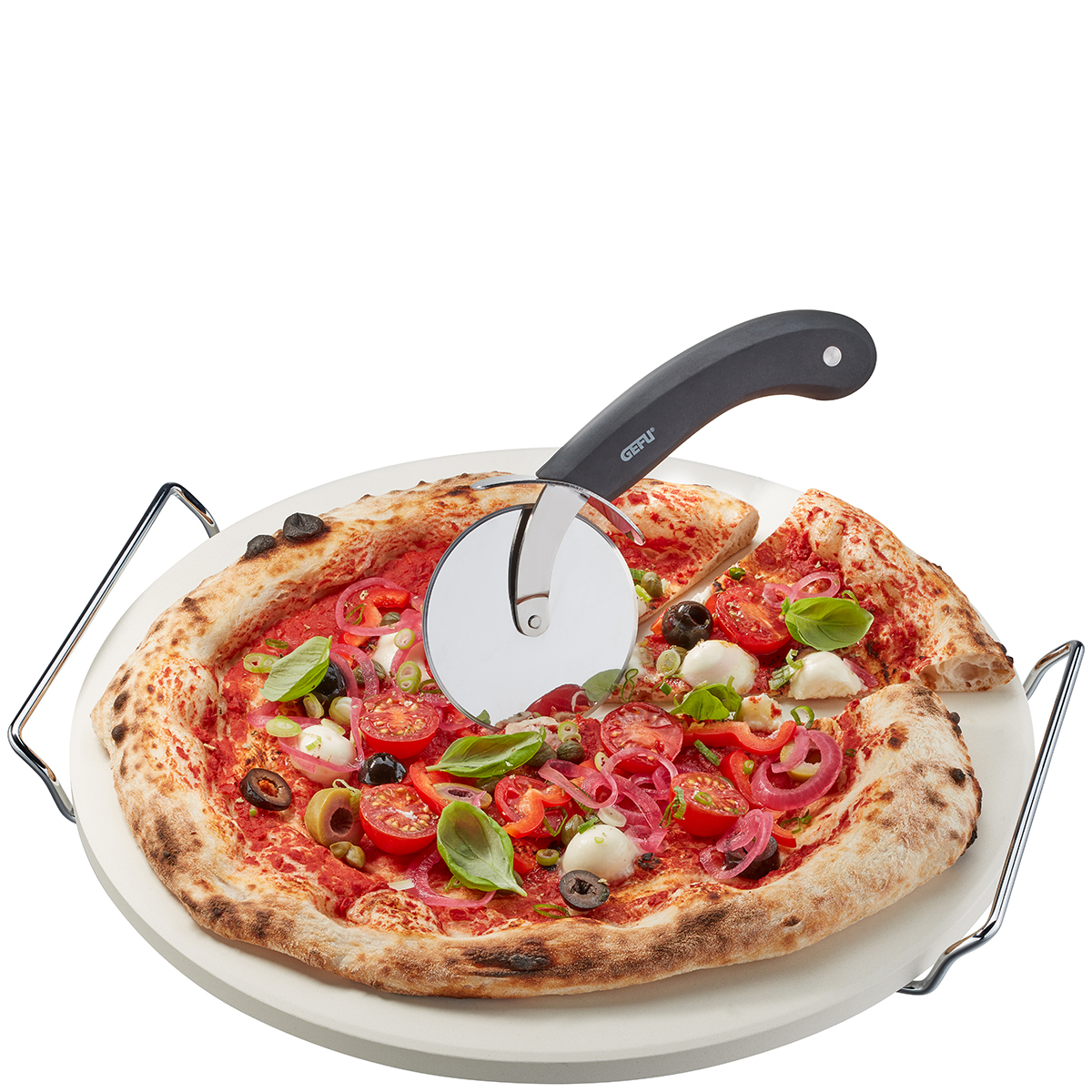 Pizza stone with stand + pizza cutter DARIOSO, round