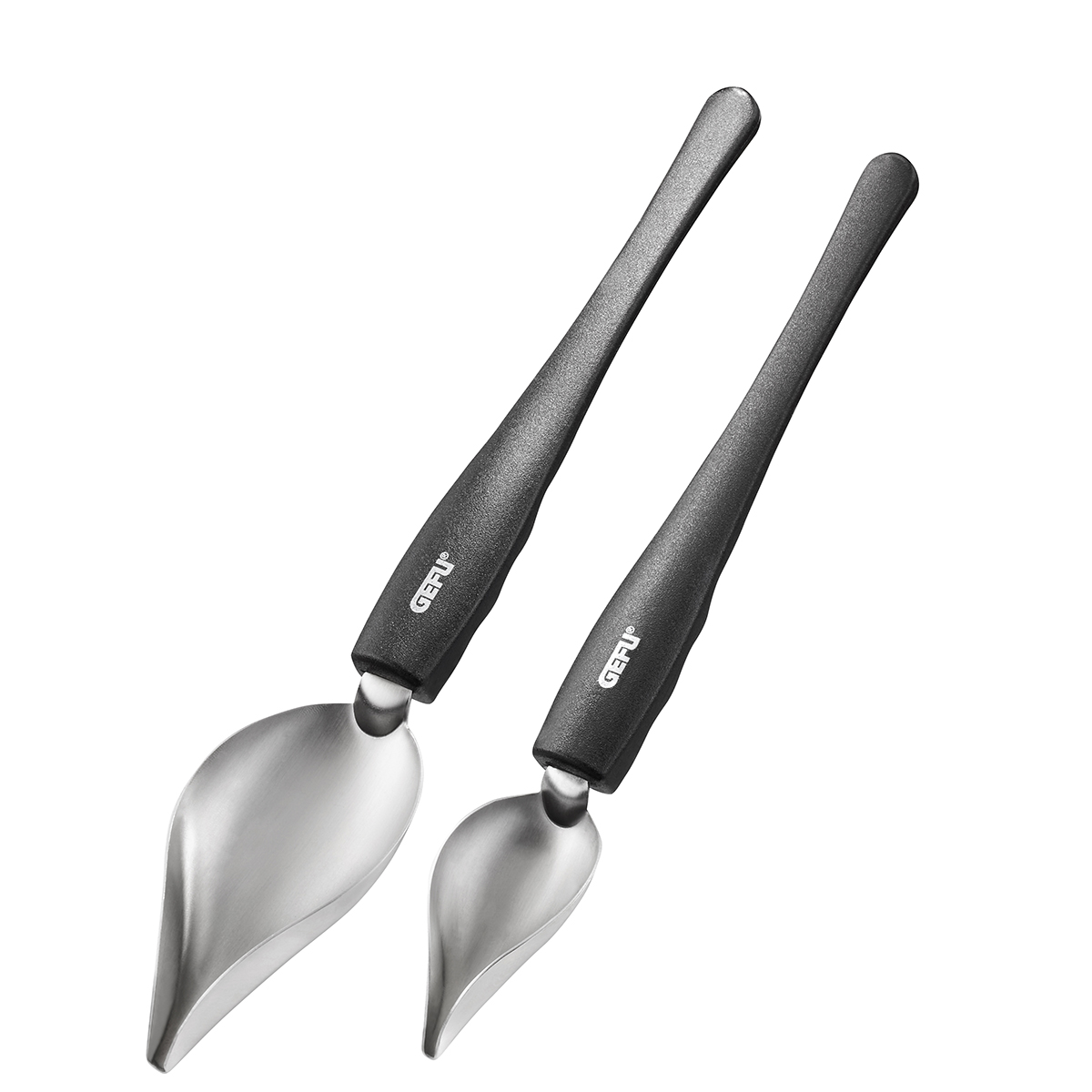 GEFU Edelstahl-Küchenset mit ergonomischen Griffen Zwei Küchengeräte von GEFU aus Edelstahl mit schwarzen Griffen