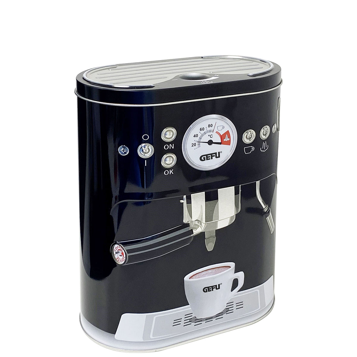 Dekorative Kaffeedose in Form einer Espressomaschine von GEFU Schwarze GEFU Kaffeedose, gestaltet wie eine Espressomaschine mit Bedienelementen und Tassenmotiv.