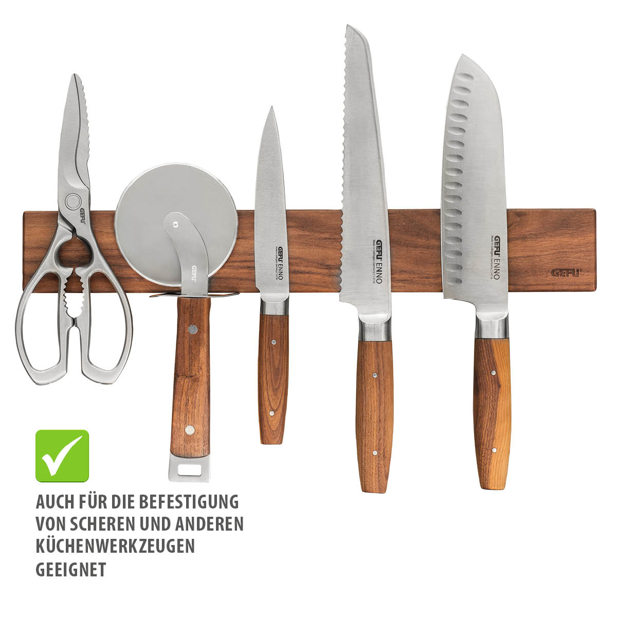 Messerhalter aus Holz mit Scheren, Pizzaschneider und verschiedenen Küchenmessern