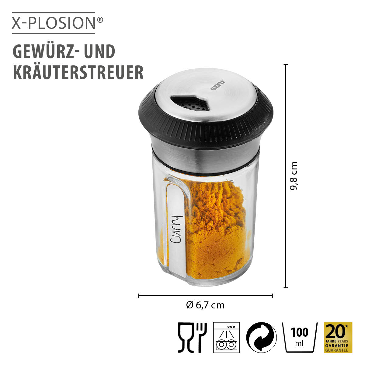 Gewürz- und Kräutestreuer mit Curry gefüllt, Glas mit Edelstahldeckel, 9,8 cm hoch, 6,7 cm Durchmesser, 100 ml Volumen