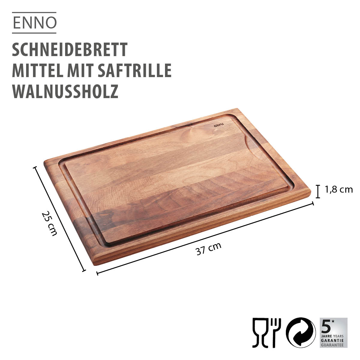 Schneidebrett ENNO, mittel mit Saftrille, Walnussholz
