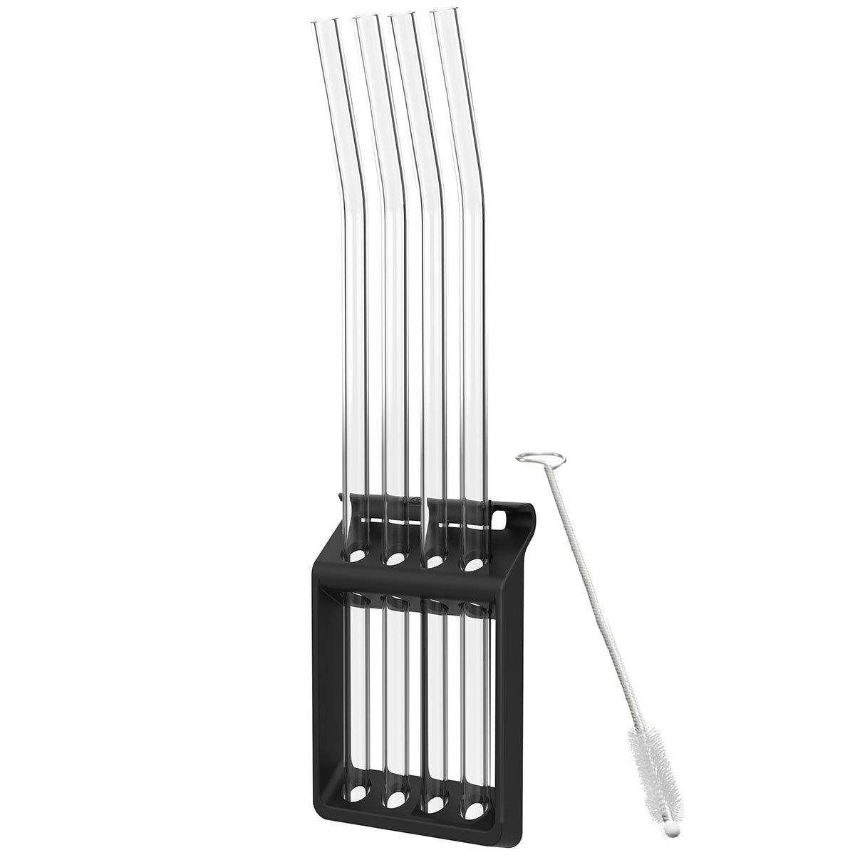 Fünf wiederverwendbare Glasstrohhalme in einem Halter mit einer Reinigungsbürste daneben