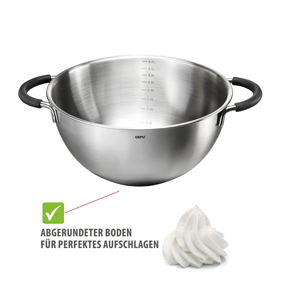 Edelstahl-Rührschüssel von GEFU mit abgerundetem Boden und Silikongriffen, ideal zum Aufschlagen mit Messskala bis 4 Liter