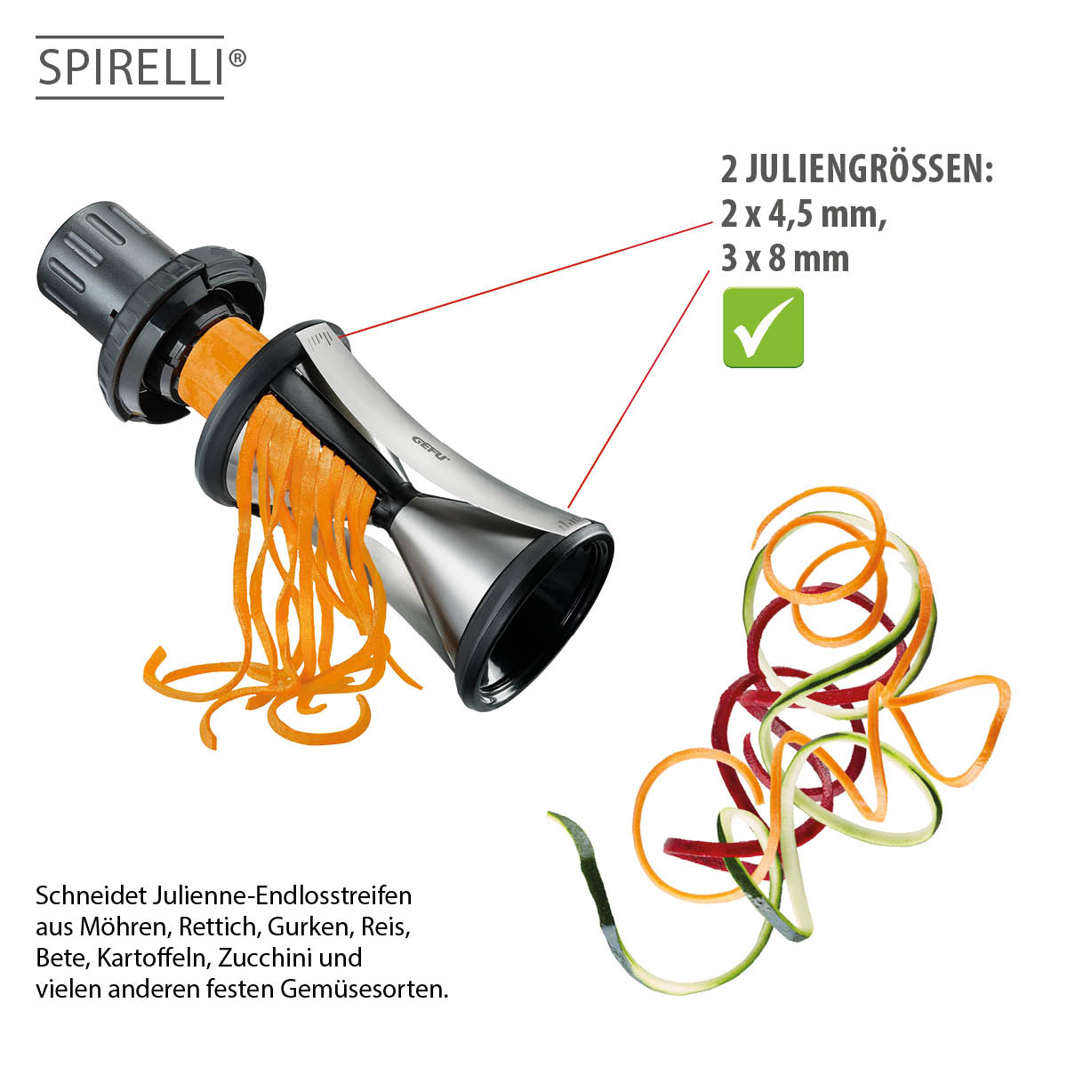 Spirelli Spiralschneider für Gemüse mit zwei Juliennegrößen Spirelli Spiralschneider schneidet Gemüse in Julienne-Endlosstreifen, geeignet für Möhren, Rettich, Gurken, Reis, Bete, Kartoffeln, Zucchini.