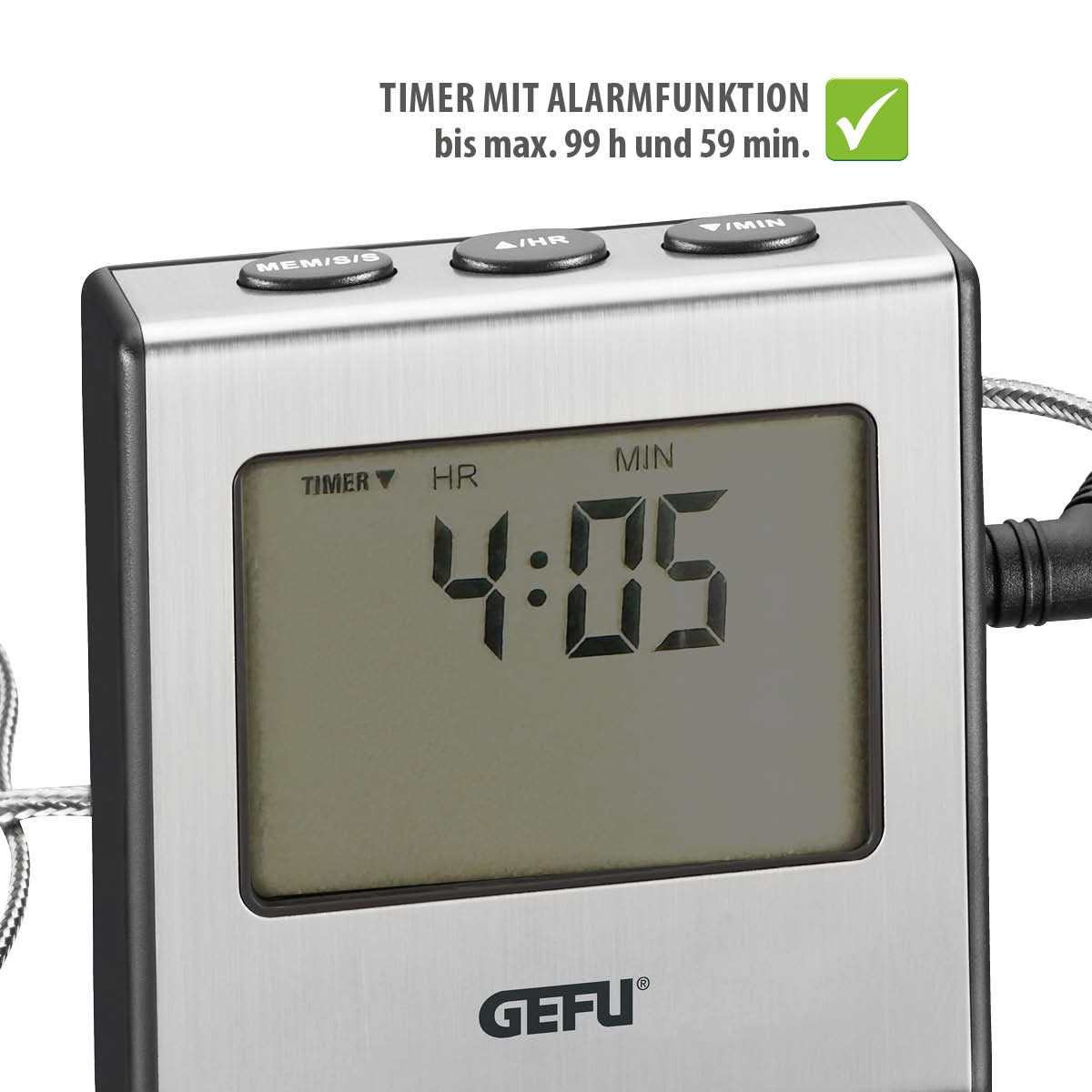 Digitaler Timer mit Alarmfunktion bis 99 Stunden und 59 Minuten - Edelstahl Nahaufnahme eines digitalen Timers mit Alarmfunktion, anzeigend 4 Stunden und 5 Minuten, aus Edelstahl mit Bedienelementen oben.