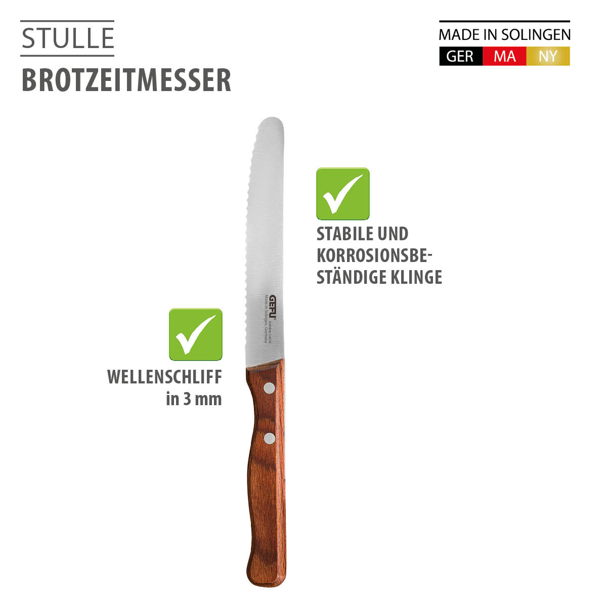Brotzeitmesser mit Holzgriff, Wellenschliff 3 mm, stabile und korrosionsbeständige Klinge, Made in Solingen