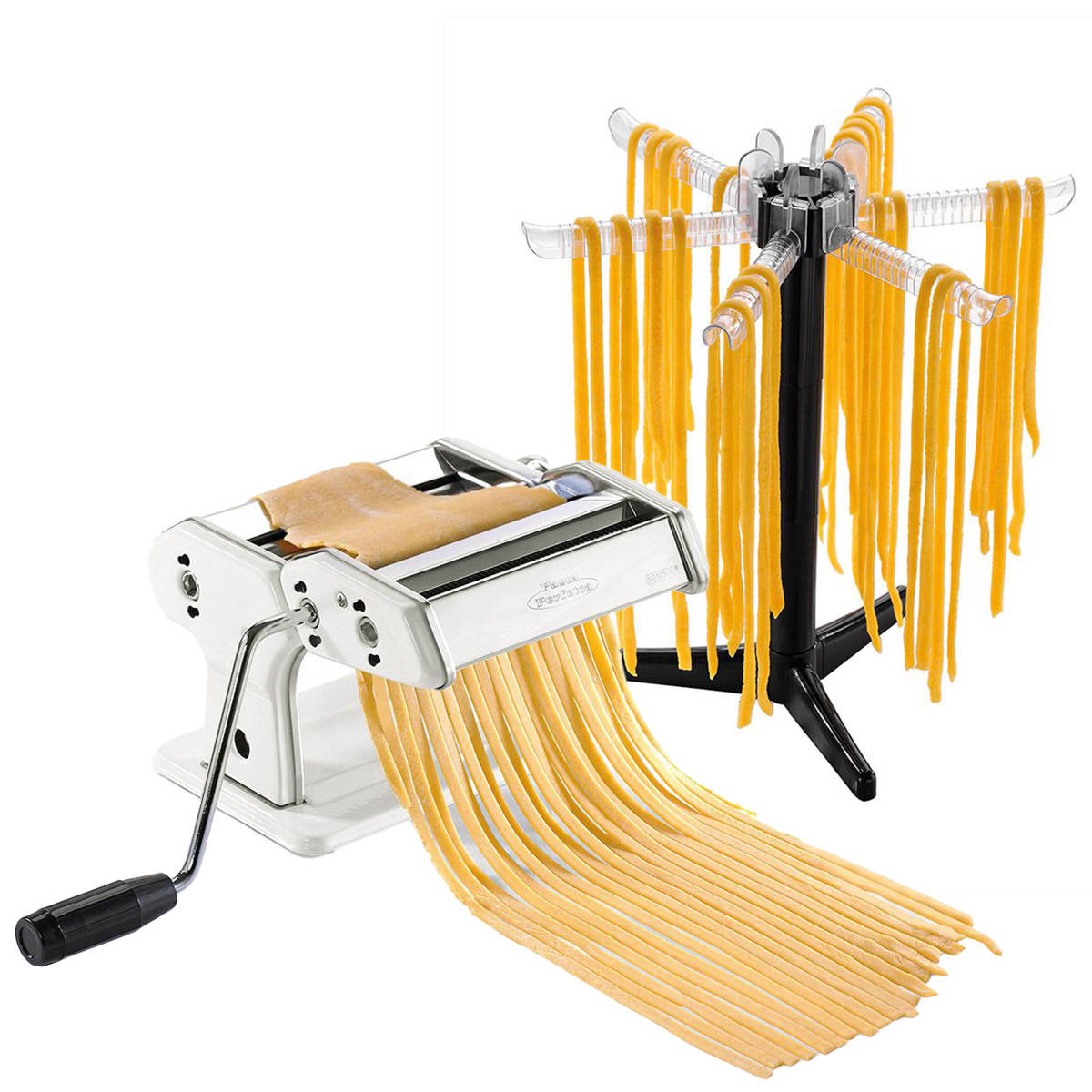 Manuelle Nudelmaschine mit Nudelständer für frische Pasta Manuelle Nudelmaschine und Nudelständer mit trocknenden, selbstgemachten Nudeln