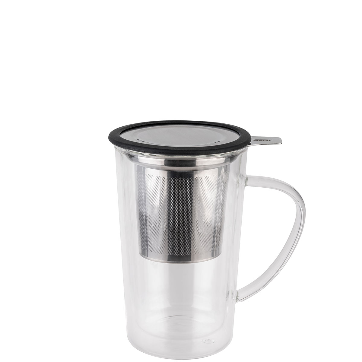 Ein doppelwandiges Teeglas mit einem abnehmbaren Edelstahl-Teesieb und Deckel, ideal für lose Tees.