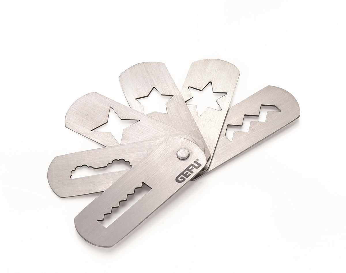 Multifunktionaler Edelstahl-Garnier-Schneider mit verschiedenen Formen Garnier-Schneider aus Edelstahl mit fünf verschiedenen Formen zum Dekorieren von Lebensmitteln