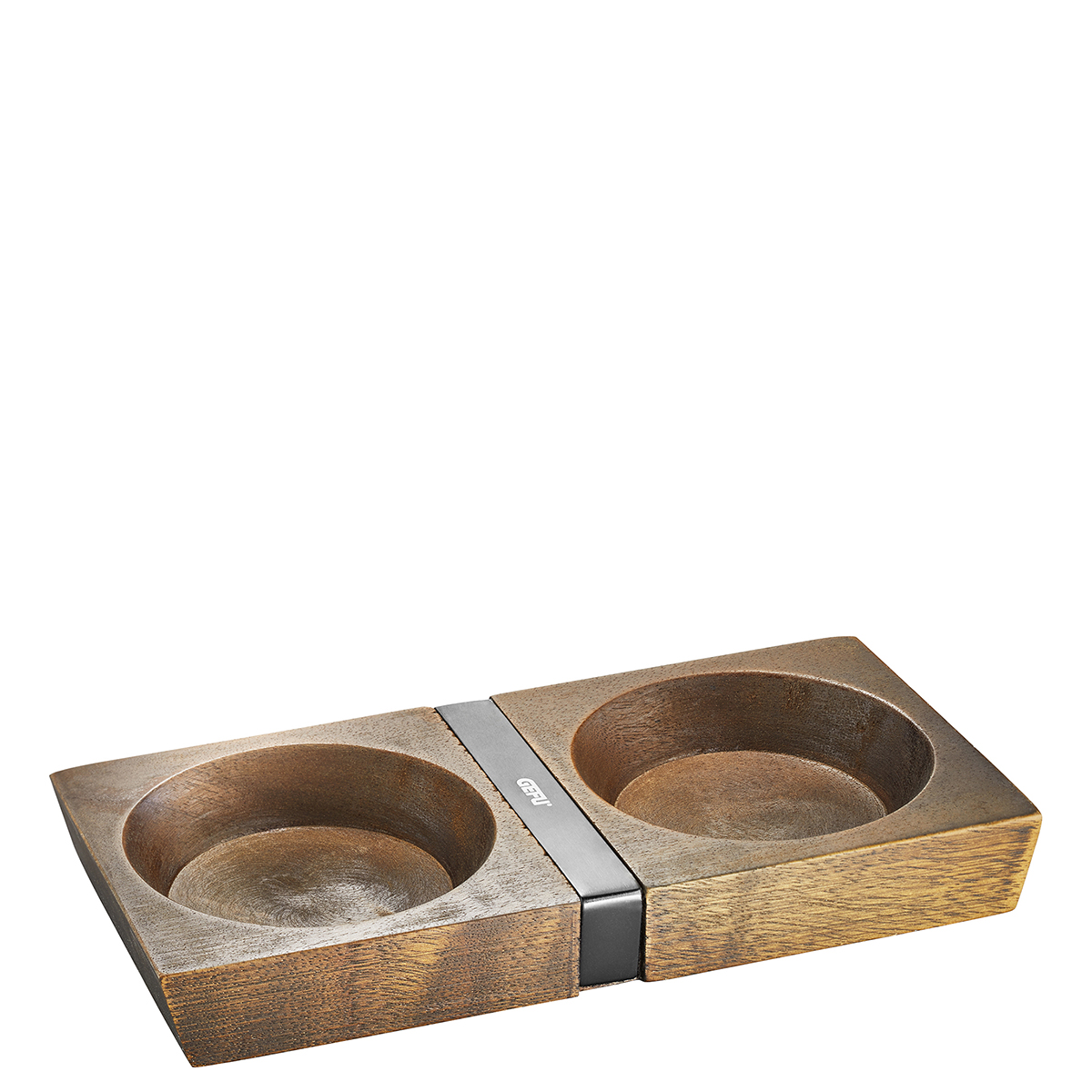 Moderne Doppelschale aus Holz mit Metallverbindung Zwei verbundene Holzschalen mit einer Metallplatte