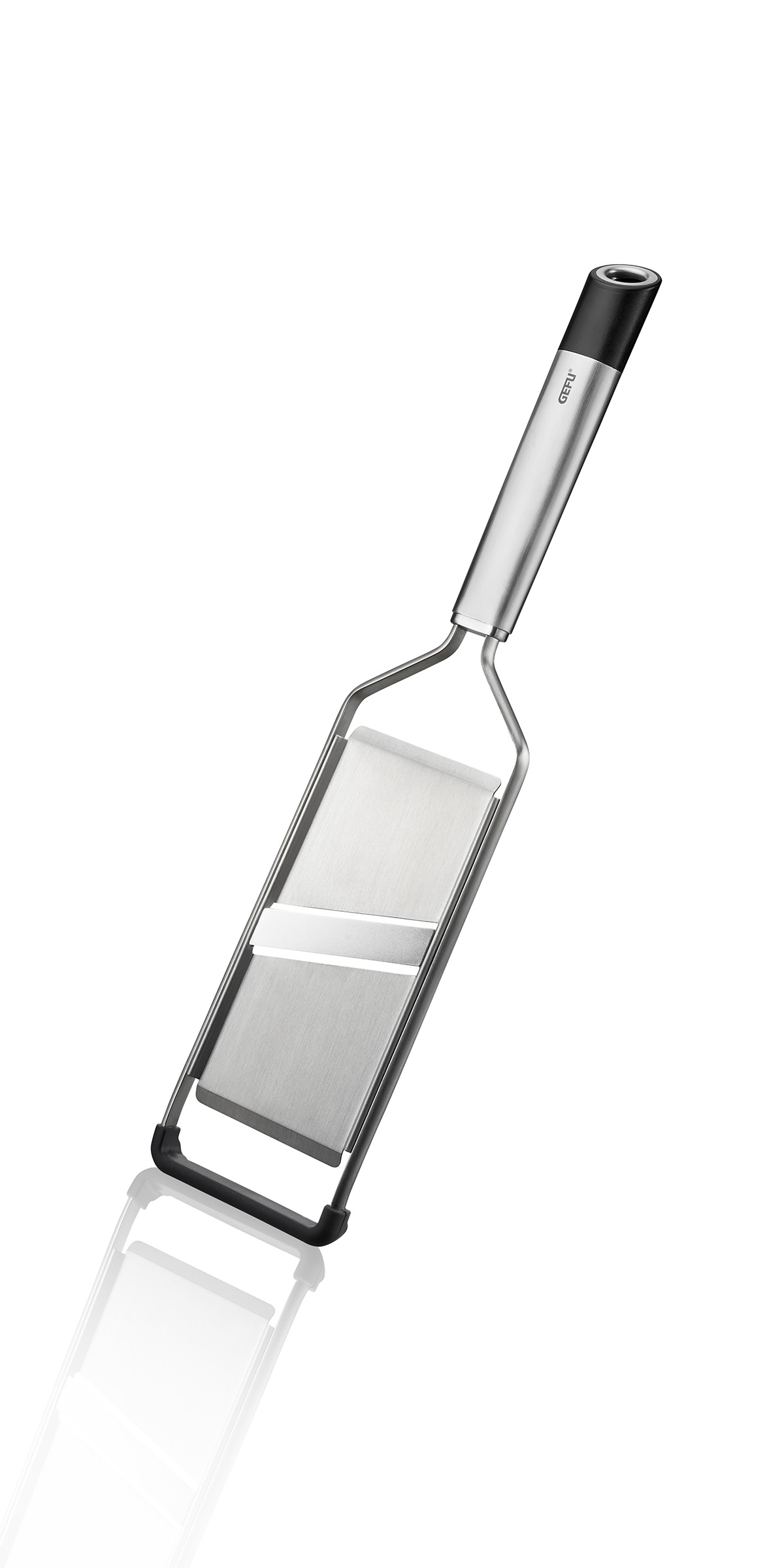 Robuste Edelstahl-Küchenreibe für präzises Schneiden Edelstahl-Küchenreibe mit schwarzem Griff, ideal für feines Reiben und Schneiden von Lebensmitteln