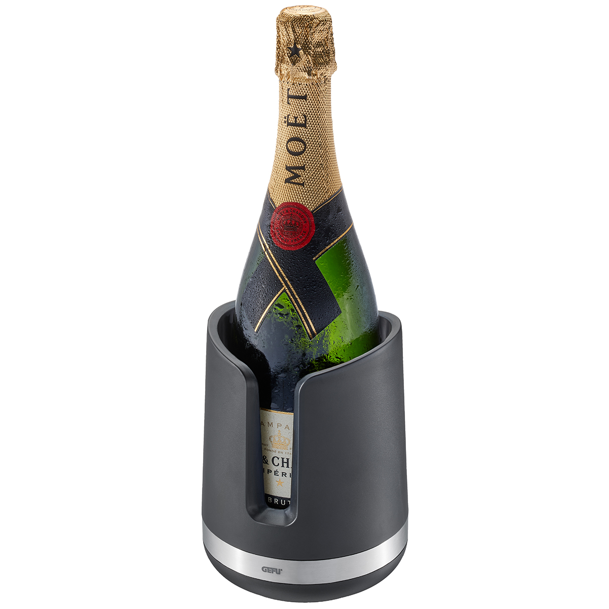 Ein stilvoller Champagnerkühler mit einer gekühlten Champagnerflasche.