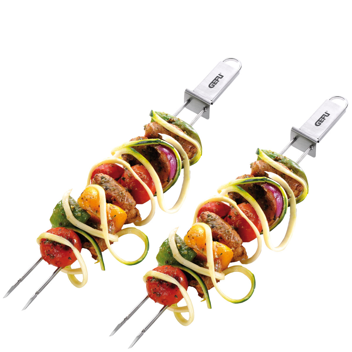 Hochwertige Edelstahl-Grillspieße mit Gemüse und Fleisch Zwei Edelstahl-Grillspieße mit buntem Gemüse, Zucchini-Spiralen und Fleisch