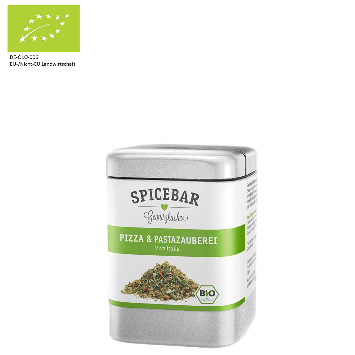 Spicebar Bio Gewürz Pizza und Pasta Zauberei 90g Spicebar Bio Gewürzdose für Pizza & Pasta in silberner Verpackung mit grünem Etikett