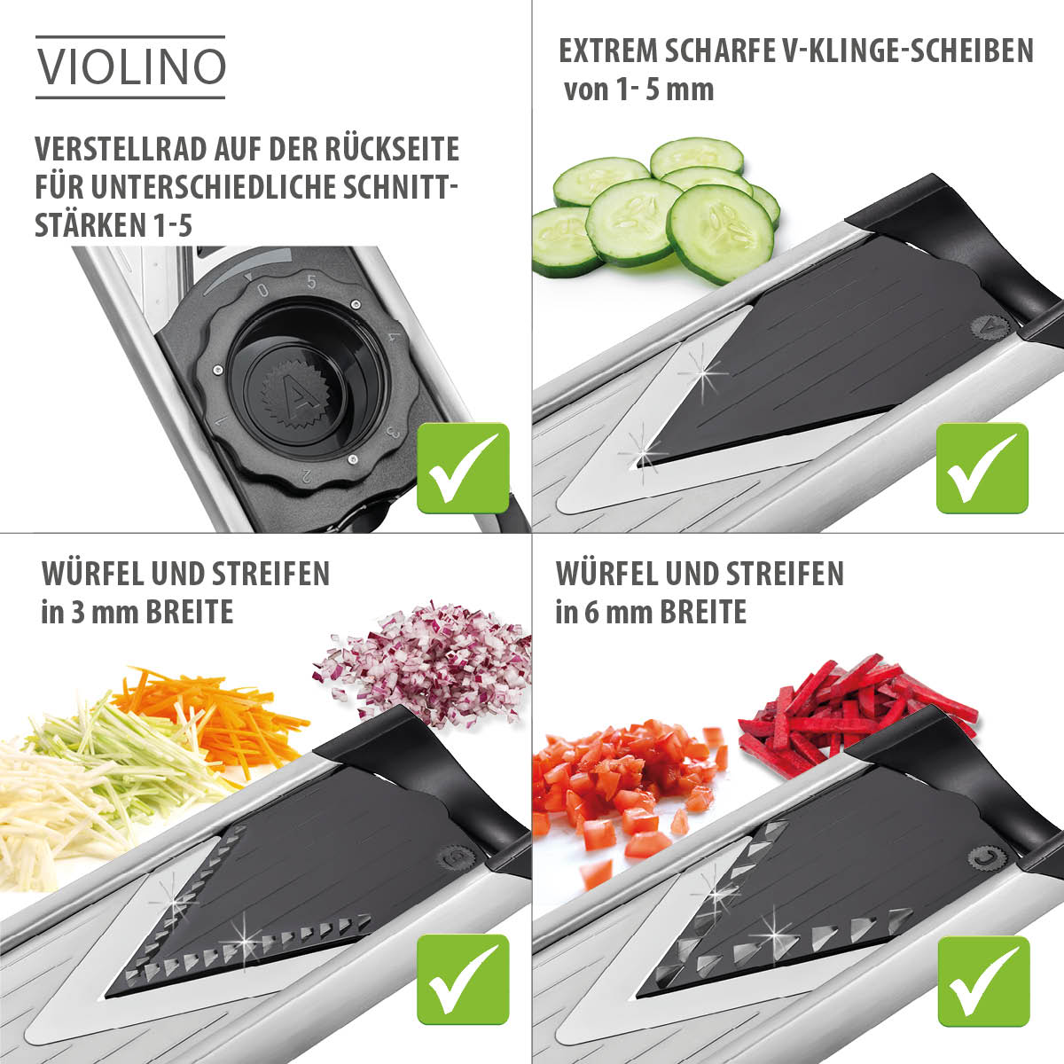 Gemüsehobel Violin mit verstellbarer Klinge für Scheiben, Würfel und Streifen Bild eines Gemüsehobels mit verschiedenen Schneideoptionen für Scheiben, Würfel und Streifen in unterschiedlichen Breiten